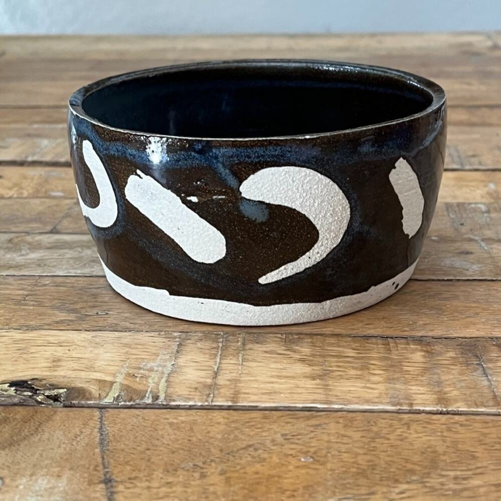 Art Studio Pottery Bowl 5.25" White Slip Calligraphy Dark Brown Glaze